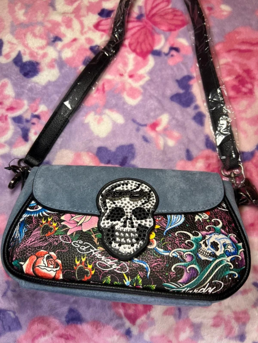 Ed Hardy Y2K Skull Rhinestone Shoulder Bag Tattoo Purse New - Picture 2 of 6